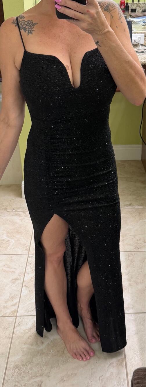 Windsor Black Glitter Ruched High Slit Maxi Dress XS